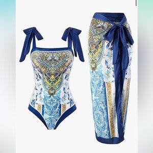 Blue Versace like bathing suit and sarong